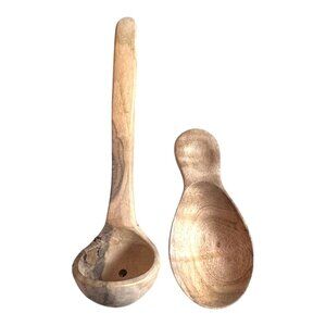 Handcrafted Polder Wooden Ladle & Scoop Set Slotted Hand Carved Kitchen Utensils